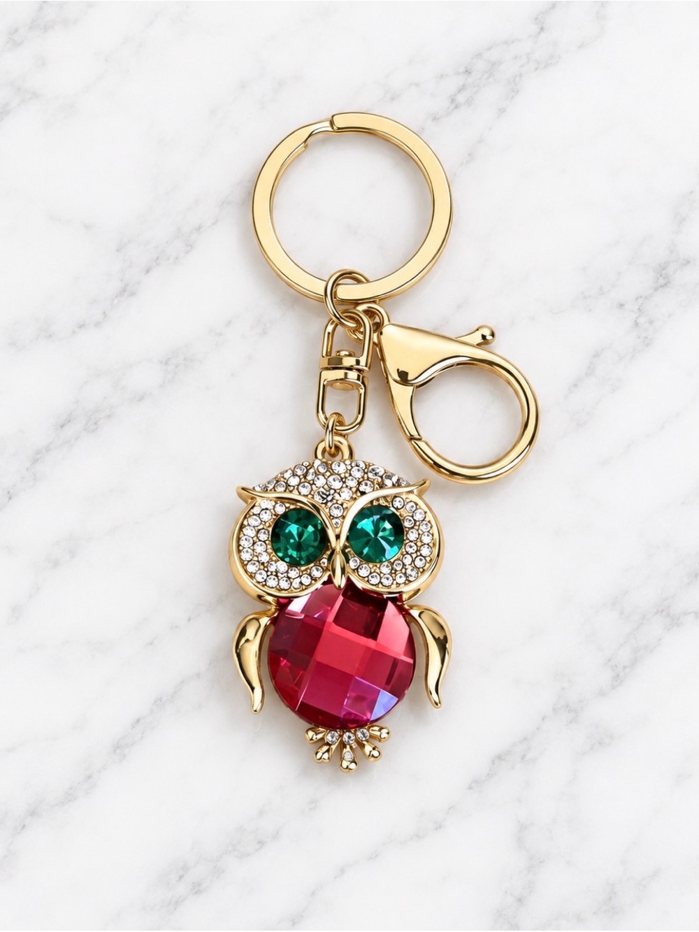 Bag Charm/Keyring-Pink and White Rhinestone Owl Charm Green Eyes-Gold Hardware